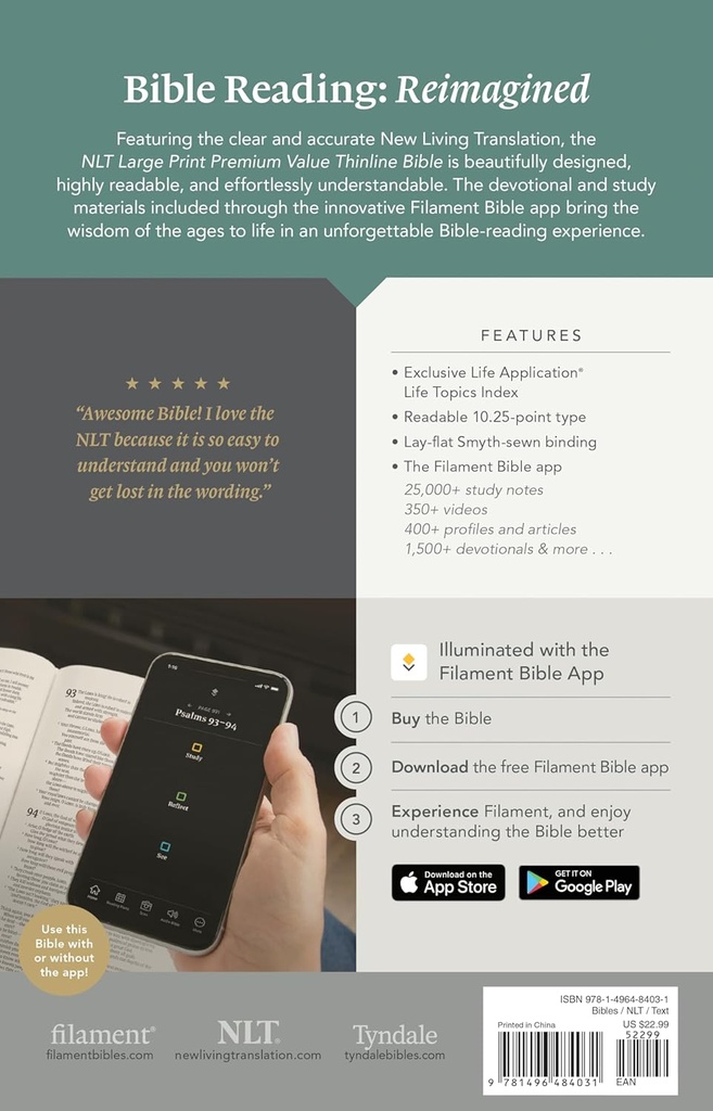 NLT Bible Large Print Premium Value Thinline Filament Blac