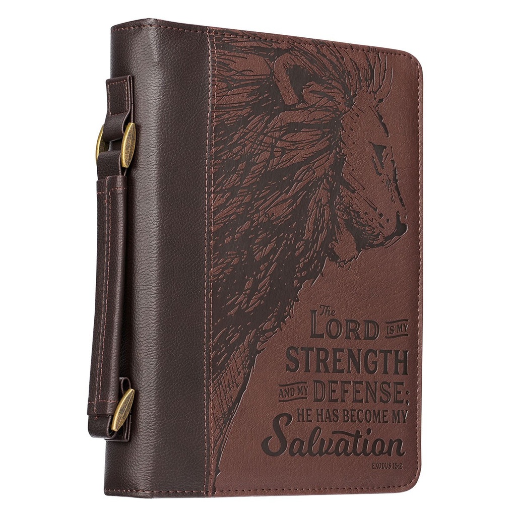 Bible Case Large Strength & Defence Lion Brown Luxleather