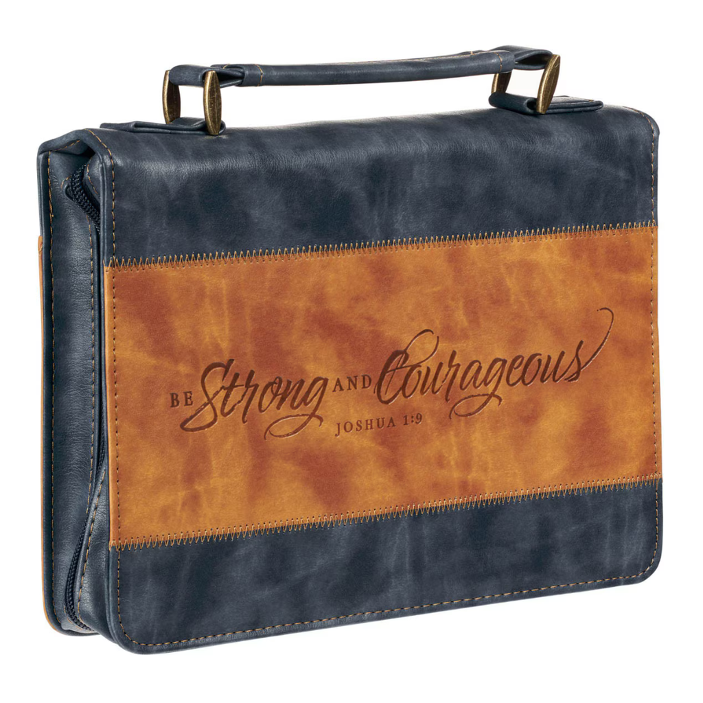 Bible Cover Large Strong & Courageous Navy/Brown