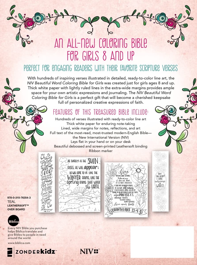 NIV Beautiful Word Colouring Bible For Girls Teal I/L