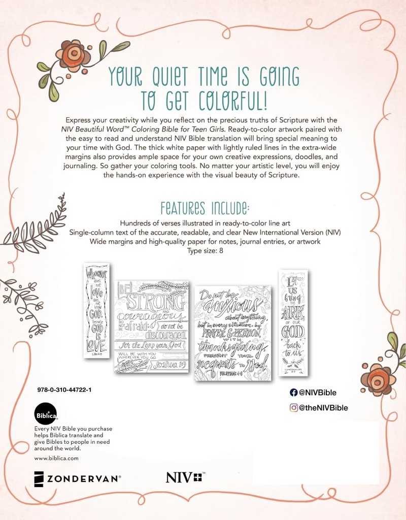 NIV Beautiful Word Colouring Bible For Teen Girls H/C
