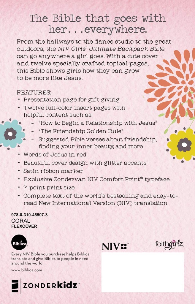NIV Compact Girls' Ultimate Backpack Bible Coral I/L