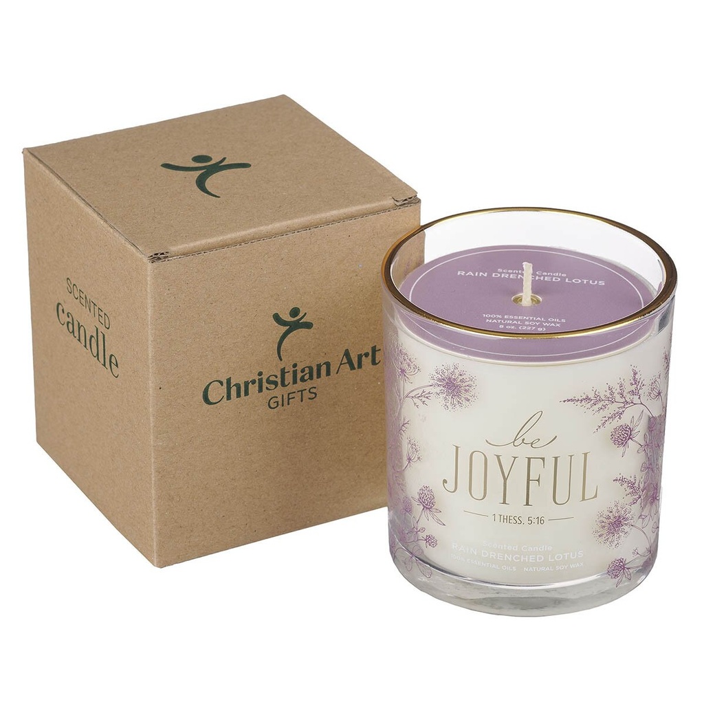 Glass Candle Be Joyful Rain-Drenched Lotus Scented 1 Thess. 5:16