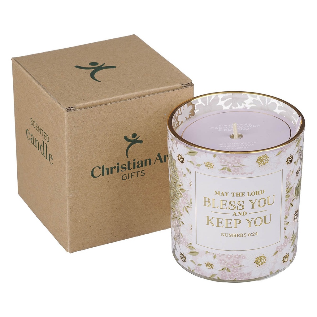 Glass Candle Bless You and Keep You Blossom and Coconut Scented Num. 6:24