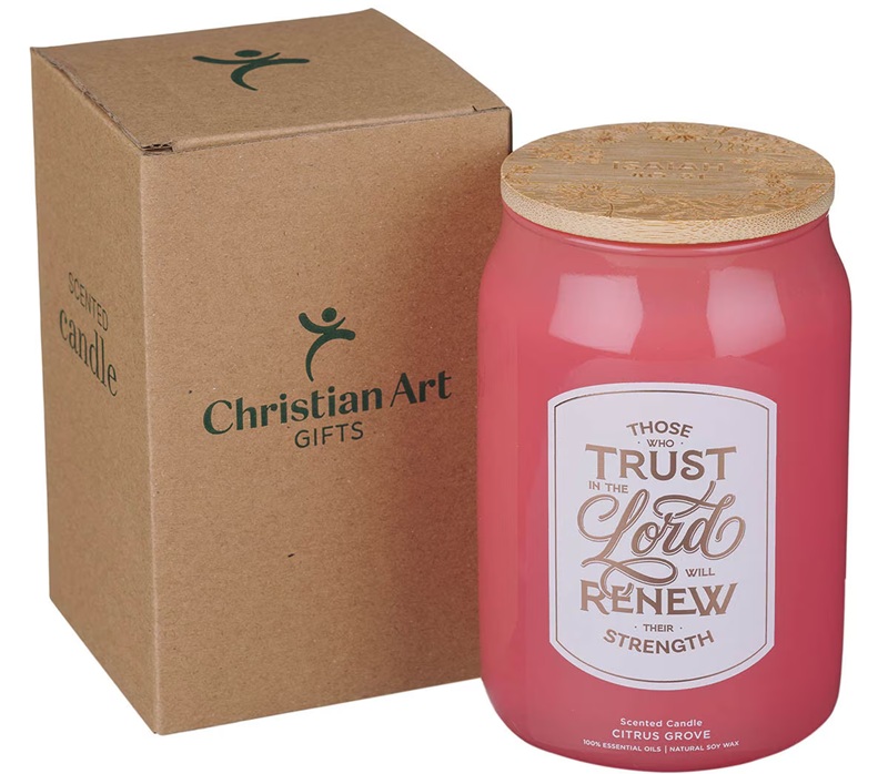 Glass Candle w/Bamboo Lid Those Who Trust In The Lord Isa. 40:31