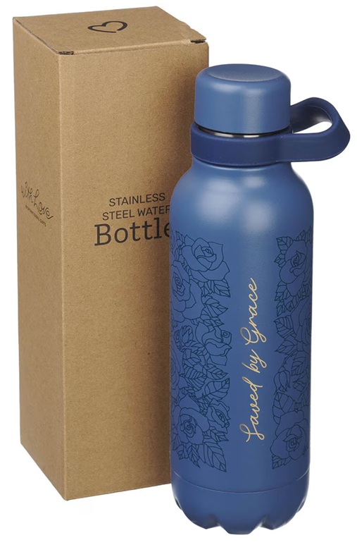 Water Bottle Saved By Grace Blue Floral Stainless Steel
