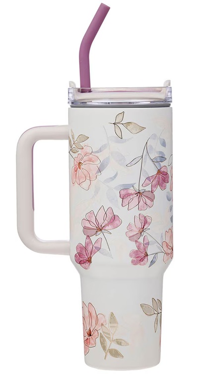 Tumbler w/straw SS White Floral Walk By Faith 2 Cor. 5:7