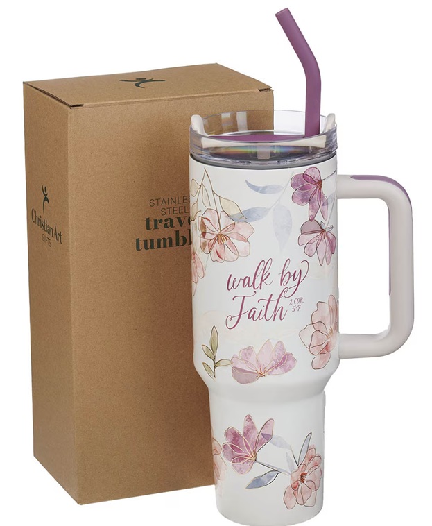 Tumbler w/straw SS White Floral Walk By Faith 2 Cor. 5:7