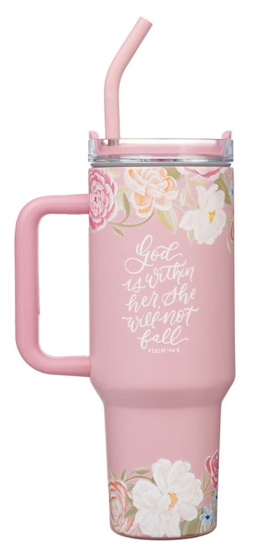 Tumbler God Is With Her Pink Floral w/Straw