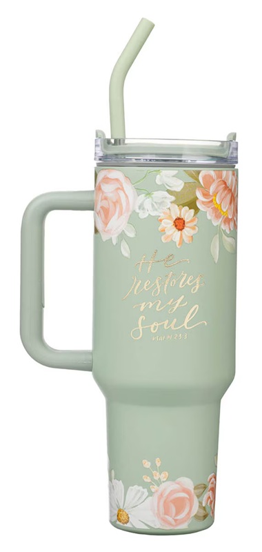 Tumbler He Restores My Soul Sage Floral w/Straw