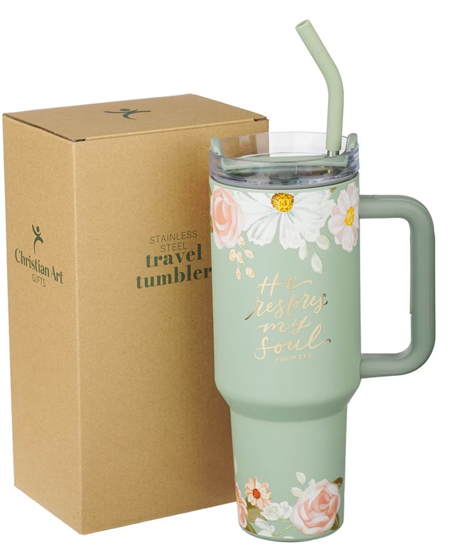 Tumbler He Restores My Soul Sage Floral w/Straw