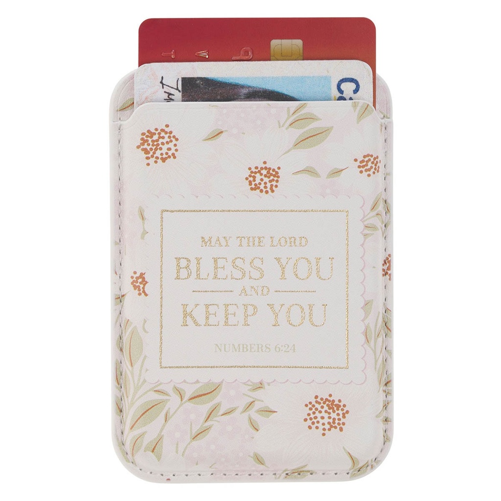Phone Wallet Magnetic White Floral Bless You And Keep You Num. 6:24