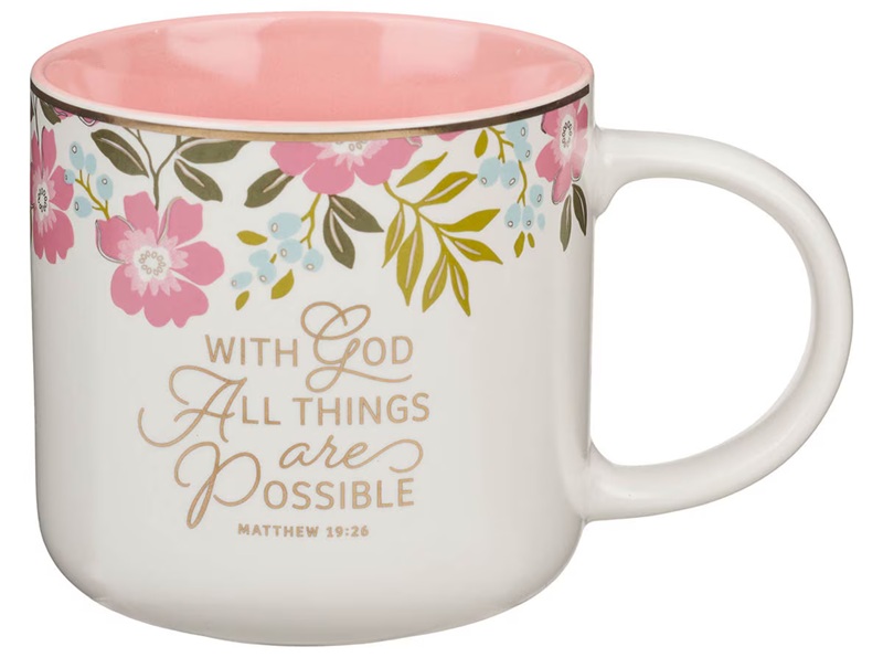 Mug Pink Floral With God All Things Matt. 19:26