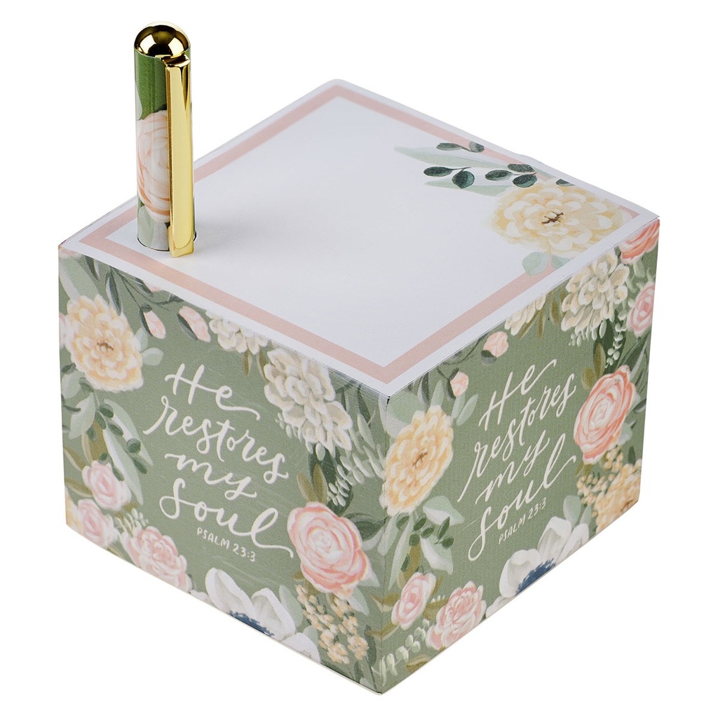 Note Block with Pen Set He Restores My Soul Green Floral