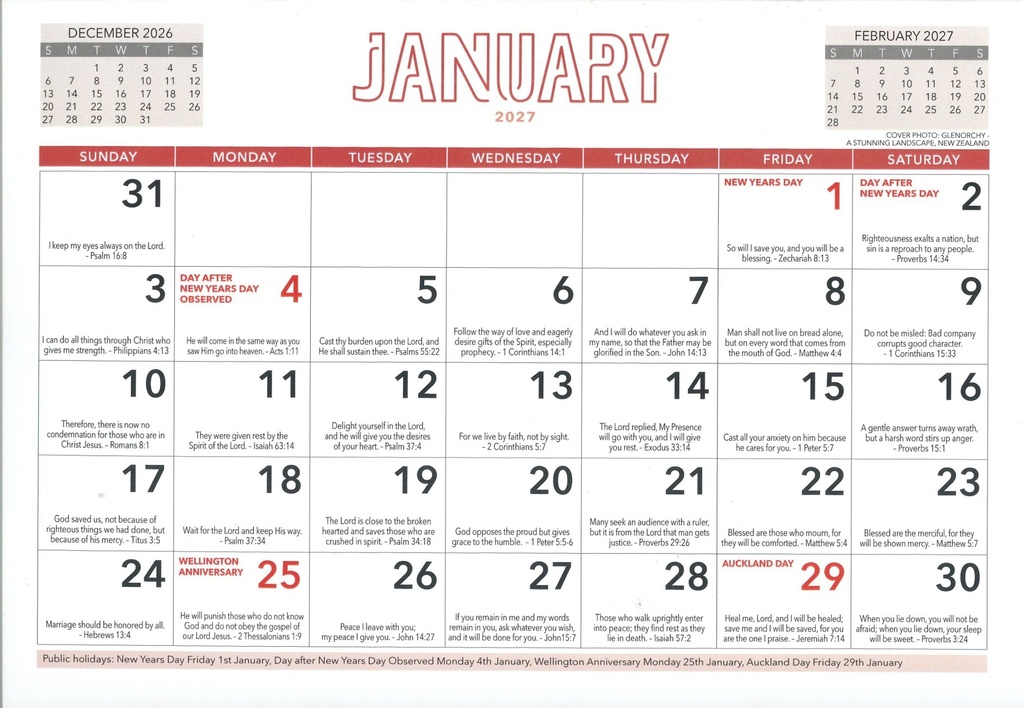 2027 Calendar Bible Gems NZ Scenery 