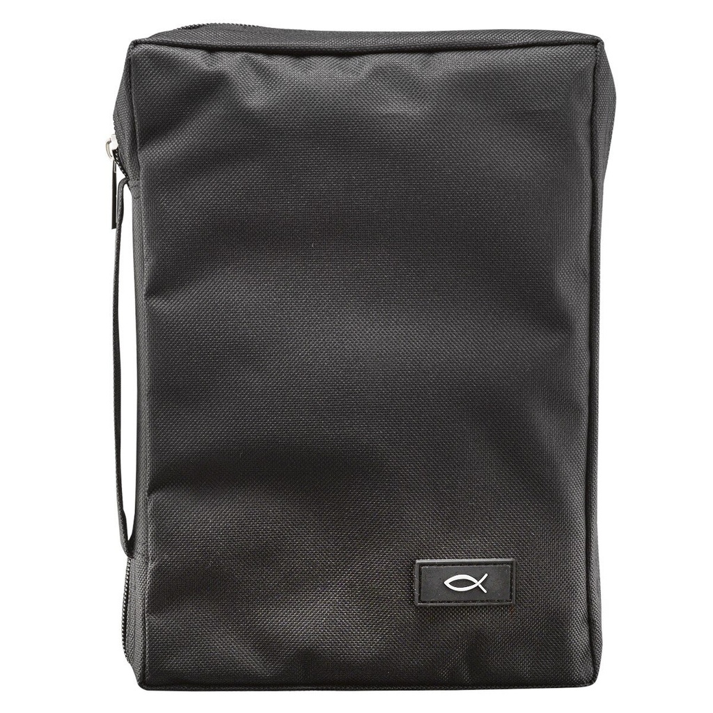 Bible Cover Polyester Black w/Fish Medium