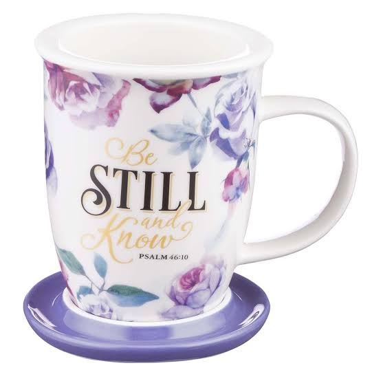 Mug Lidded Be Still and Know Purple Floral