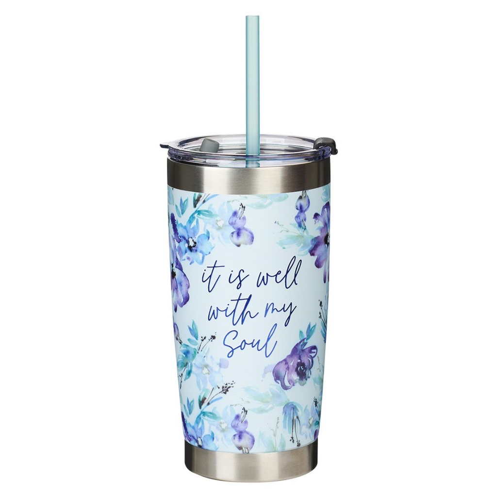 Travel Mug It Is Well With  Soul Purple Floral Straw