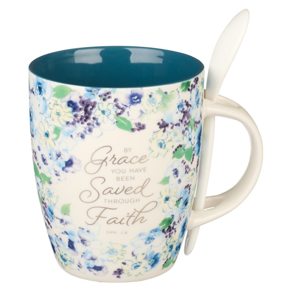 Mug w/Spoon By Grace You Have Been Saved Blue Floral