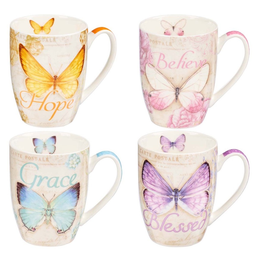 Mug Set Butterfly Blessed Believe Grace Hope 4/Set