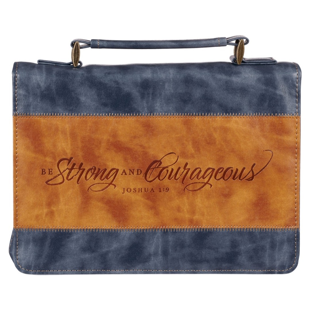 Bible Cover Large Strong & Courageous Navy/Brown