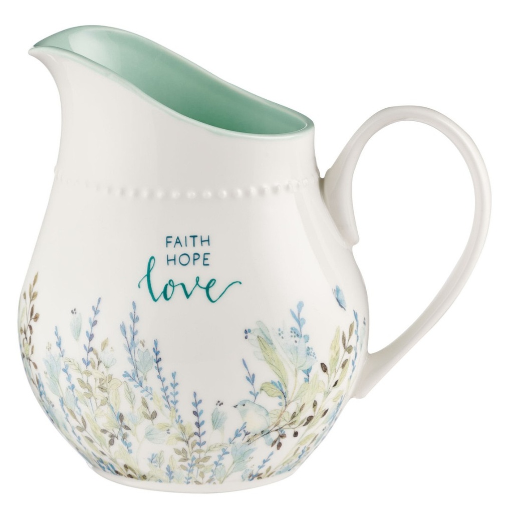 Pitcher Faith Hope Love Ceramic White/Flowers