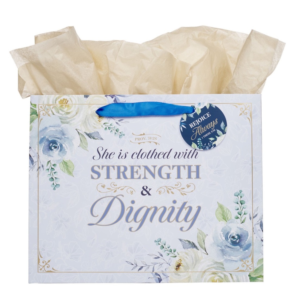 Gift Bag Large Strength & Dignity White/Flowers