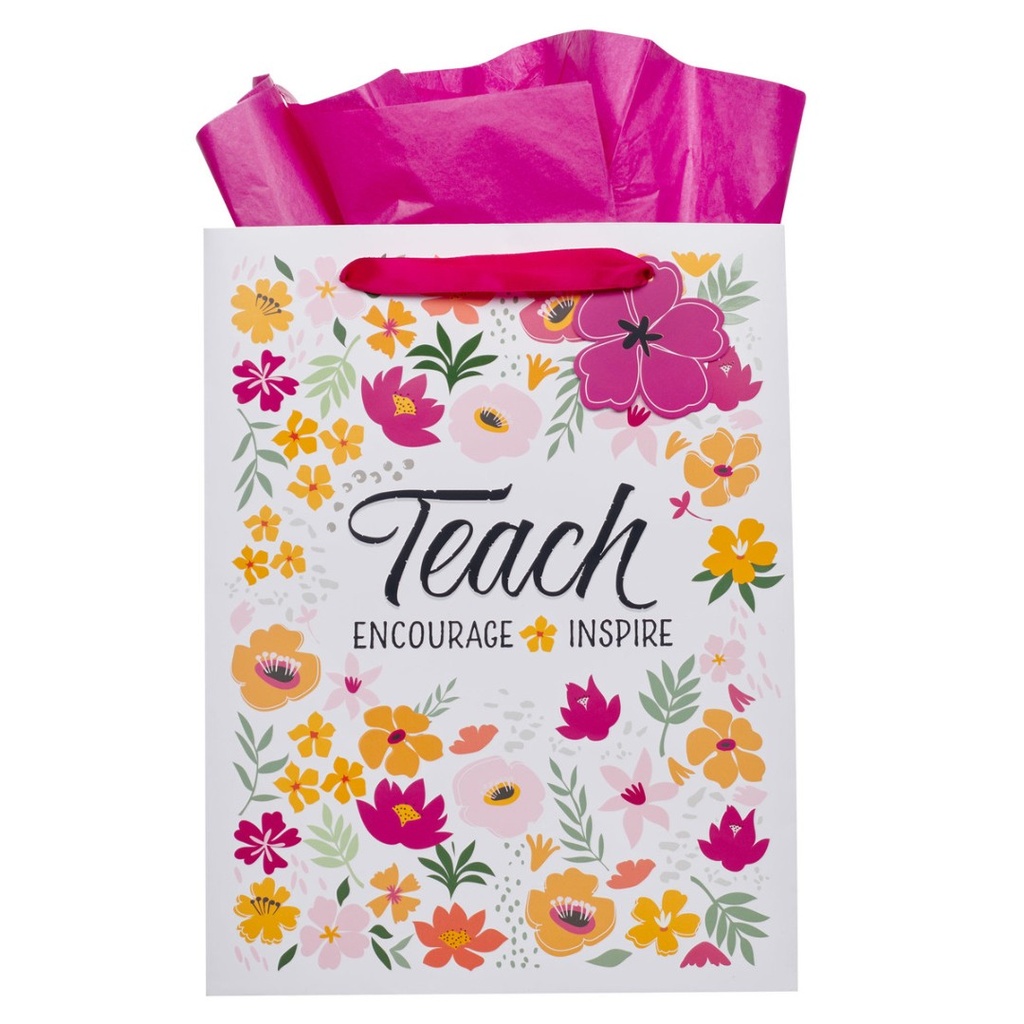 Gift Bag Large Teach Encourage Inspire White Floral