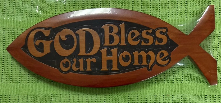 Fish Plaque God Bless Our Home Mahogany