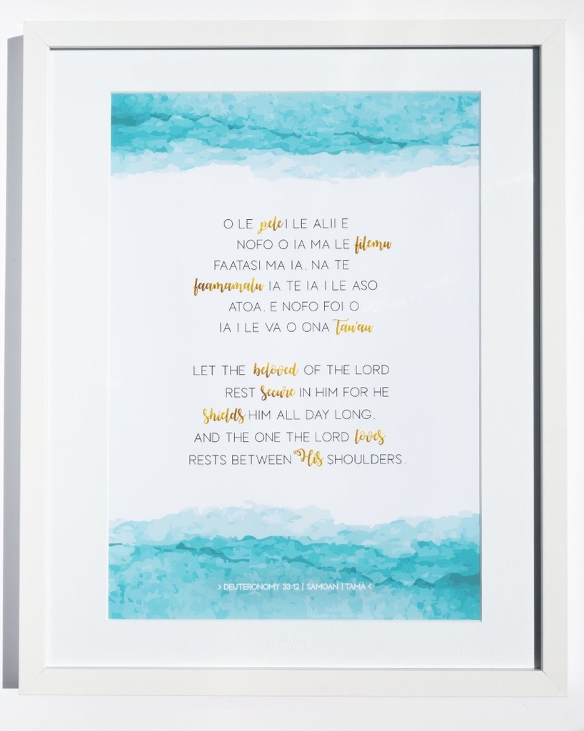 Plaque A3 Samoan Deuteronomy 33:12 White Frame