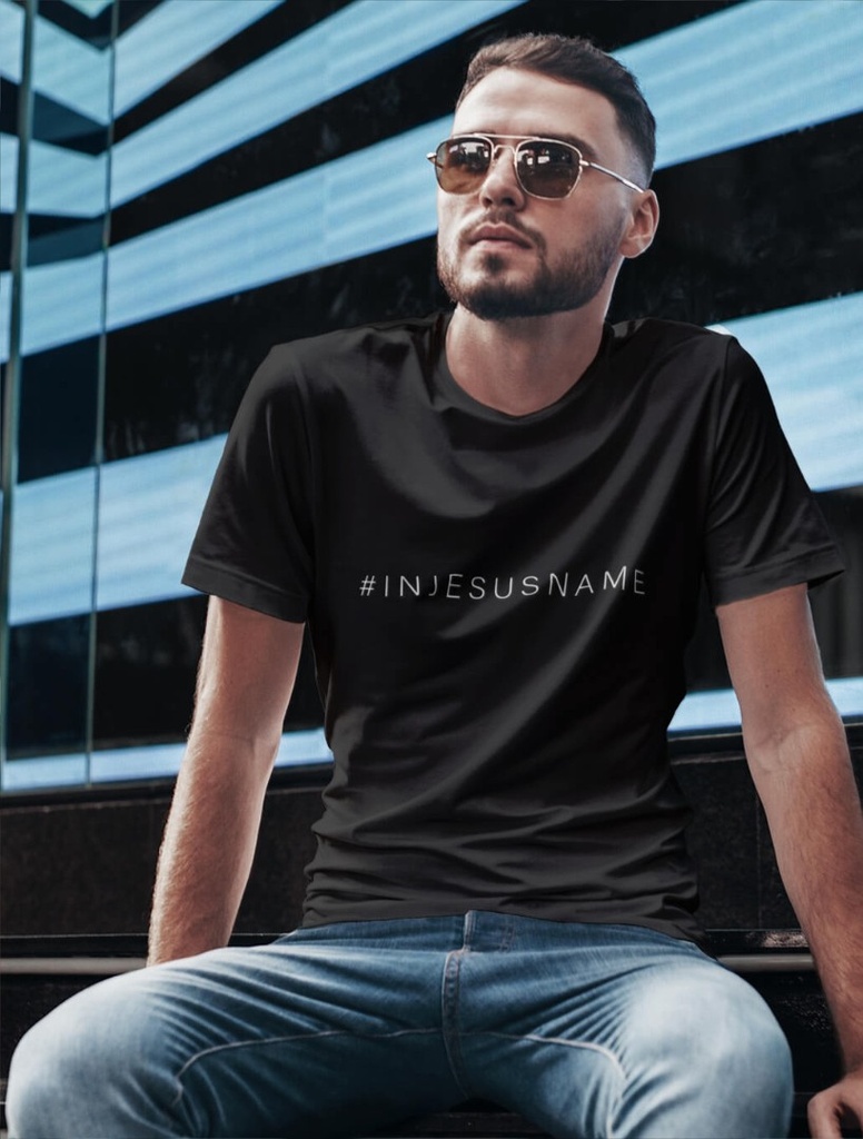 Tshirt In Jesus Name Black Large Outline White Ink