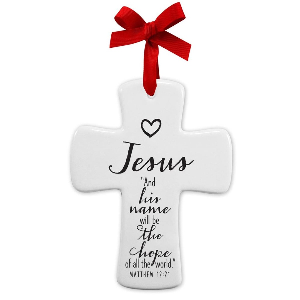 Ornament Hanging Cross Jesus w/Red Ribbon