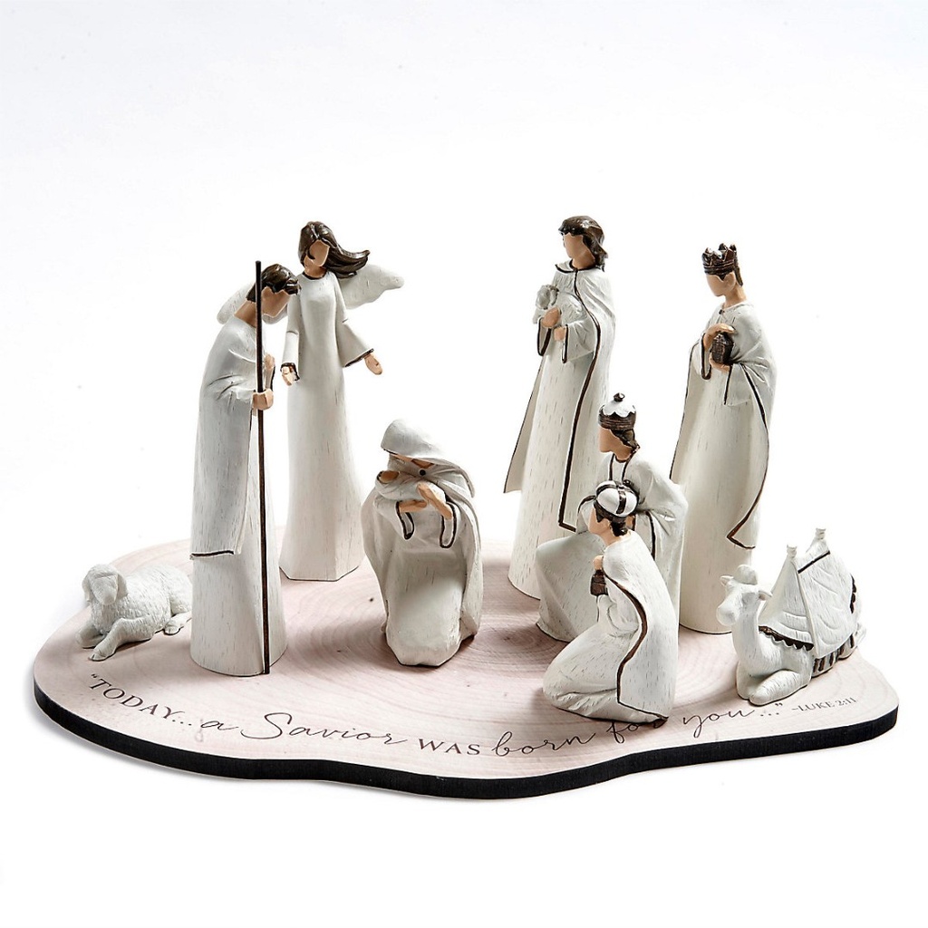 Nativity Set Resin A Saviour Is Born Scriptured Base