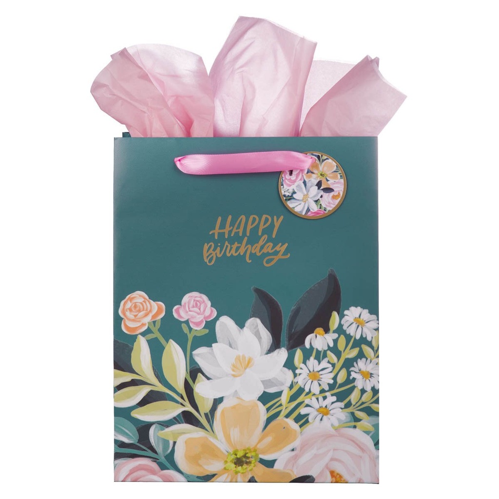 Gift Bag Large Happy Birthday Teal Floral 
