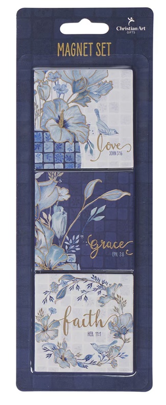 Magnet Set Love Grace Faith Blue Floral Tile 