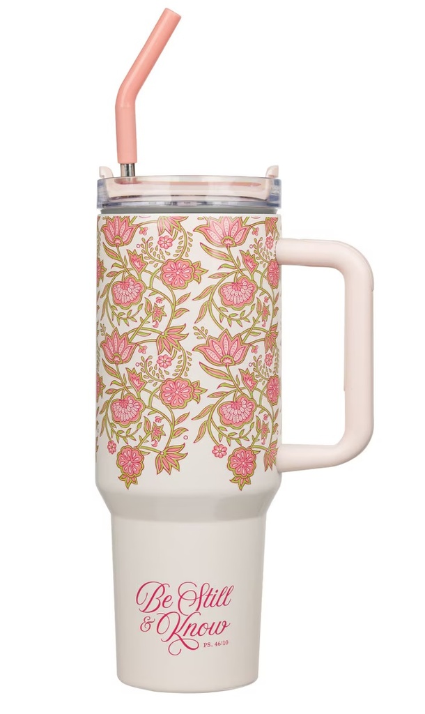 Tumbler Be Still Burgundy Floral w/Straw