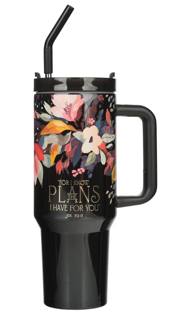 Tumbler I Know The Plans Black Floral w/Straw
