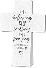 Tabletop Cross Keep Believing Trusting White Resin (04/25) 