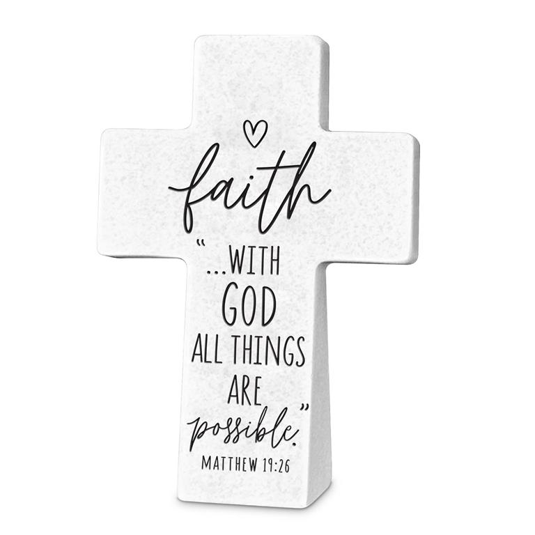 Tabletop Cross Faith with God All Things White Resin (04/25)