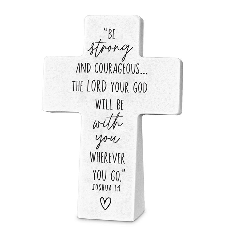 Tabletop Cross Be Strong & Courageous White Resin (04/25)  
