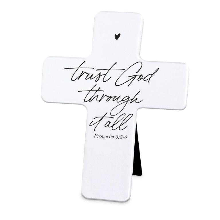 Tabletop Cross Trust God Through It All White Resin (04/25)