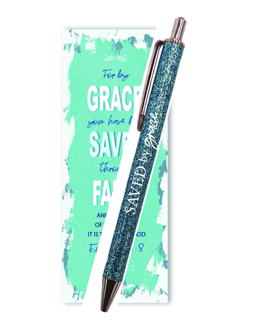 Gel Pen Saved By Grace Glitter Teal With Bookmark