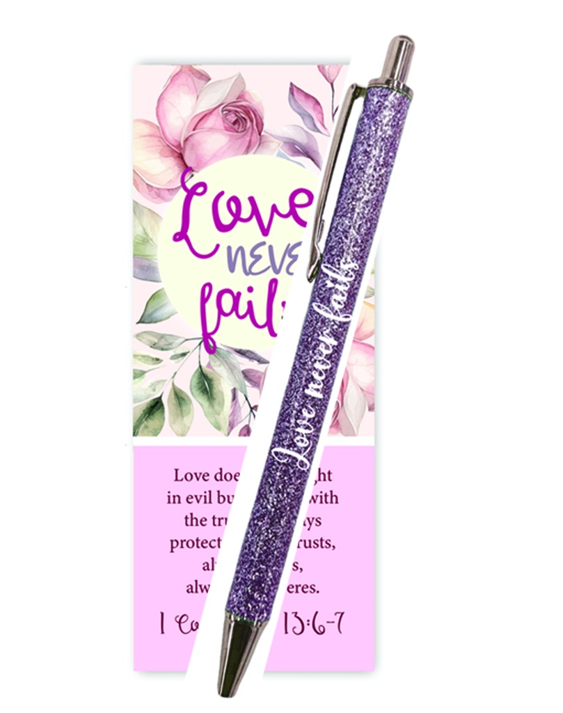 Gel Pen Love Never Fails Glitter Pink With Bookmark (08/25)