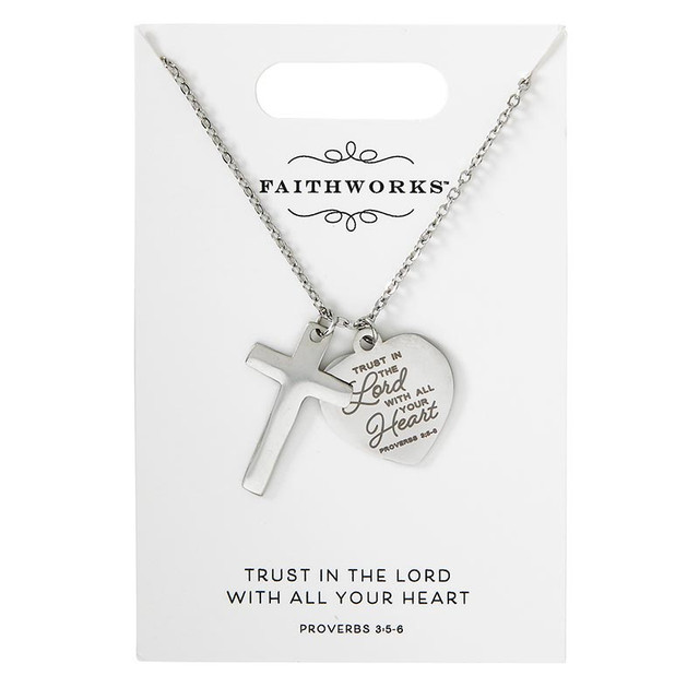 Necklace Cross & Heart Proverbs 3:5 Silver Plated (05/25)