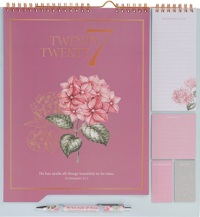 2027 Wall Calendar Pink All Things Beautiful w/Sticky Notes 