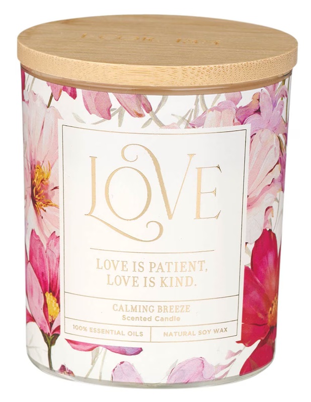 Glass Candle w/Bamboo Lid Love is Patient 1 Cor. 13:4