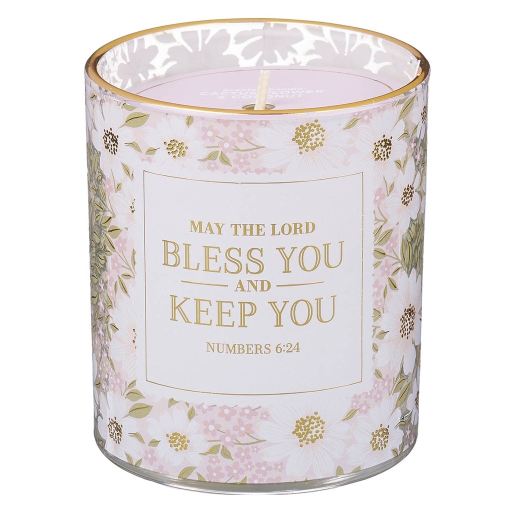Glass Candle Bless You and Keep You Blossom and Coconut Scented Num. 6:24