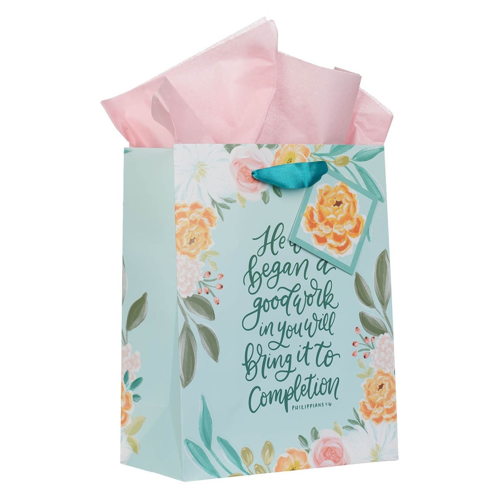 Gift Bag Medium He Who Began A Good Work Turquoise Floral