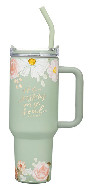 Tumbler He Restores My Soul Sage Floral with Straw