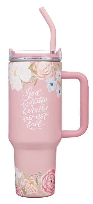 Tumbler God Is With Her Pink Floral with Straw